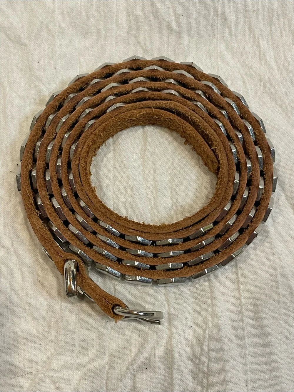 Leather Silver Hexagon Studded Wrap Belt Western Boho Y2K Tan